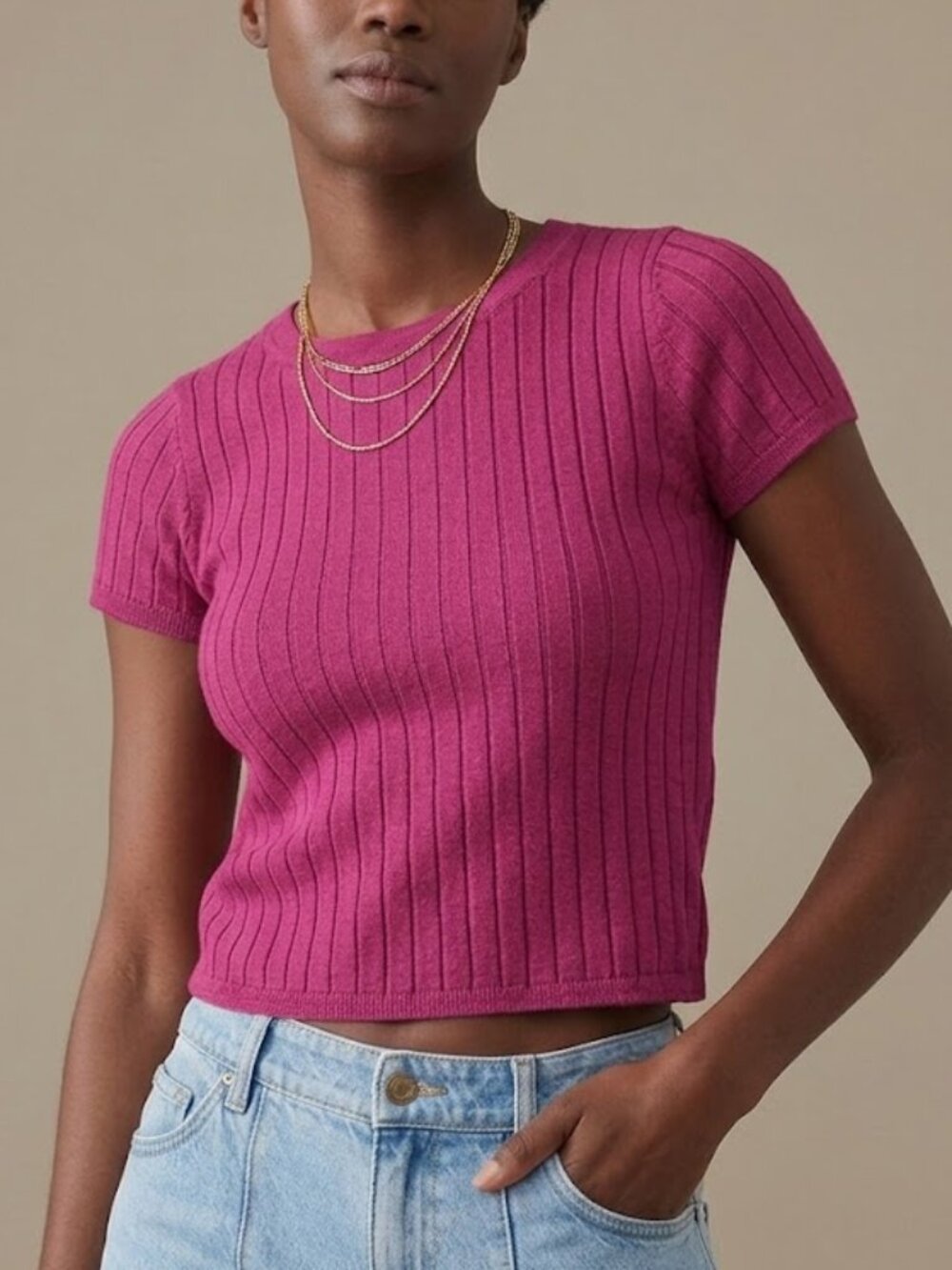 J Crew Silk Cashmere Shrunken Crop Ribbed Sweater Tee Pink Size Medium